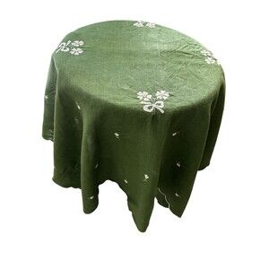 Vtg Cottagecore Linen Scalloped Embroidered Small Green Tablecloth, Daisy W Bow